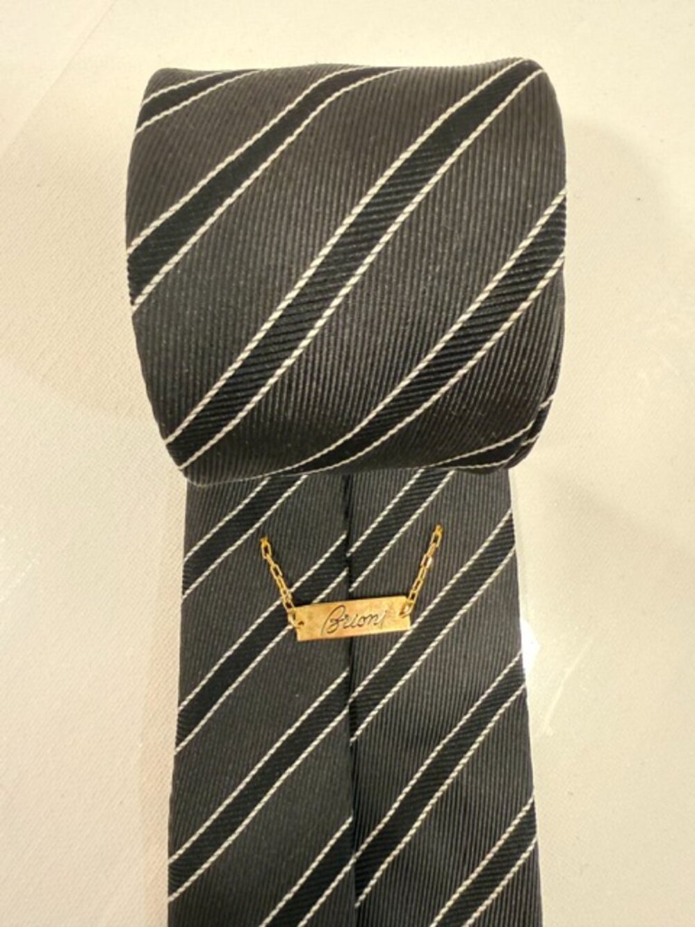 Brioni Silk Tie Black White Stripe Gold Chain Italy Luxury Designer Menswear